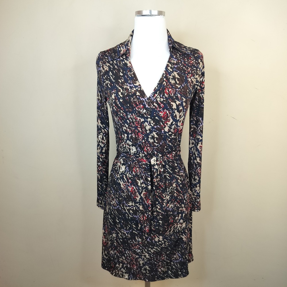 BCBG Maxazaria Wrap Dress XS Abstract Multicolor Stretch Jersey Long Sleeve